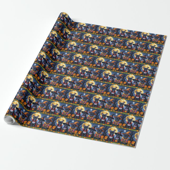 Black French Bulldogs Pumpkin Halloween Funny Wrapping Paper (Unrolled)