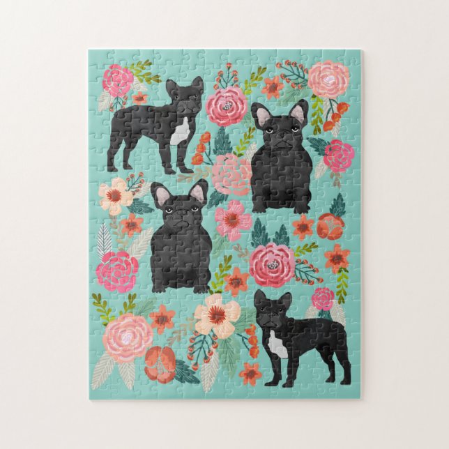 Black French Bulldogs Vintage Florals Jigsaw Puzzle (Vertical)