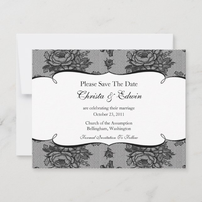 Black French Lace Save The Date Announcement (Front)