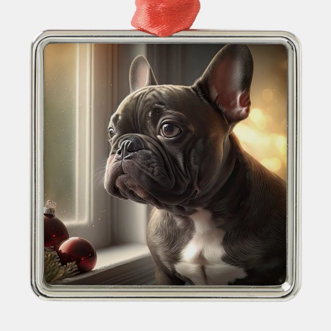 Black Frenchie Christmas Metal Ornament (Front)