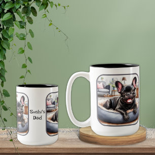 Black Frenchie in Blue Dog Bed Two-Tone Coffee Mug