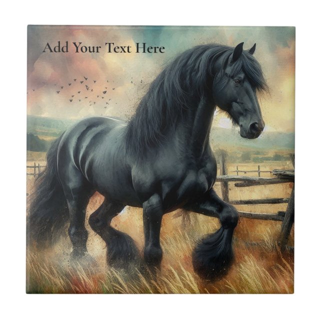 Black Fresian Horse Pasture Rustic Fence Ceramic Tile (Front)