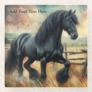Black Fresian Horse Pasture Rustic Fence Glass Coaster