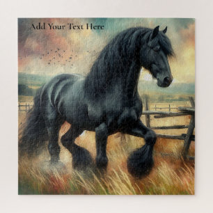 Black Fresian Horse Pasture Rustic Fence Jigsaw Puzzle