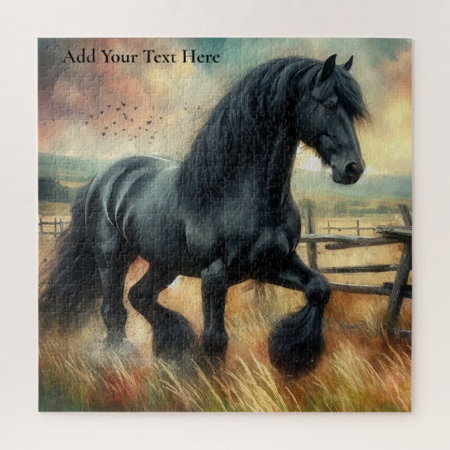 Black Fresian Horse Pasture Rustic Fence Jigsaw Puzzle (Vertical)