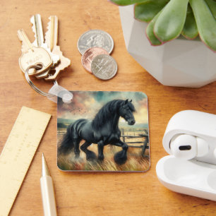 Black Fresian Horse Pasture Rustic Fence Keychain