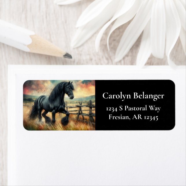Black Fresian Horse Pasture Rustic Fence Label (Insitu)