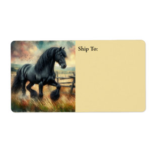 Black Fresian Horse Pasture Rustic Fence Label