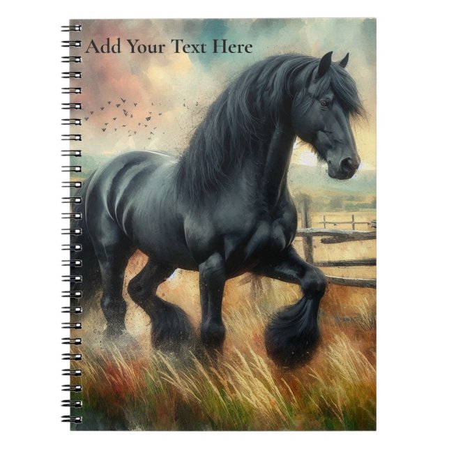 Black Fresian Horse Pasture Rustic Fence Notebook (Front)