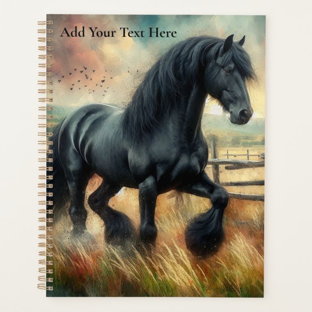 Black Fresian Horse Pasture Rustic Fence Planner (Front)