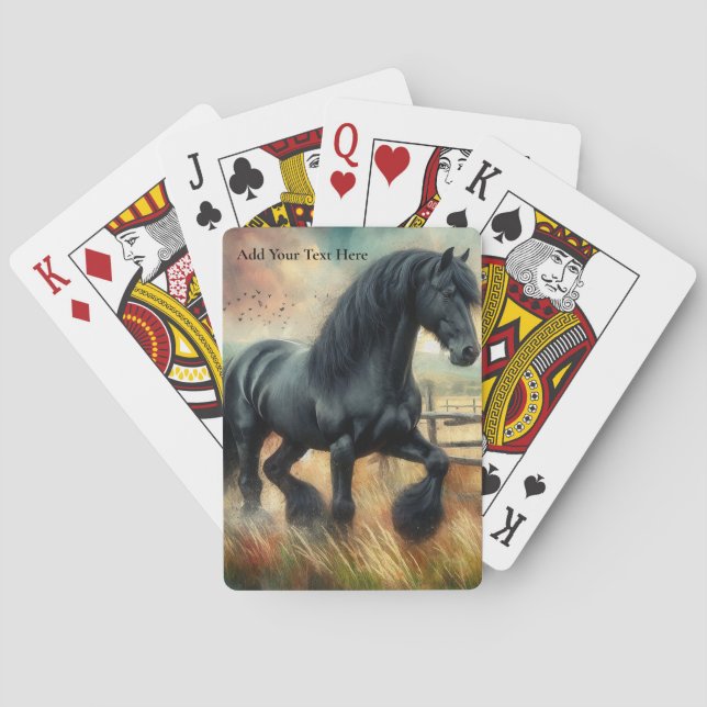 Black Fresian Horse Pasture Rustic Fence Poker Cards (Back)