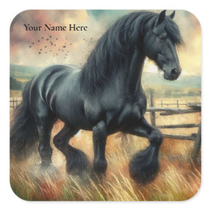 Black Fresian Horse Pasture Rustic Fence Square Sticker