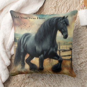 Black Fresian Horse Pasture Rustic Fence Throw Pillow