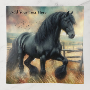 Black Fresian Horse Pasture Rustic Fence Trinket Tray