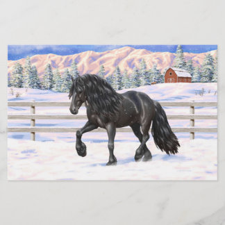 Black Friesian Draft Horse In Snow
