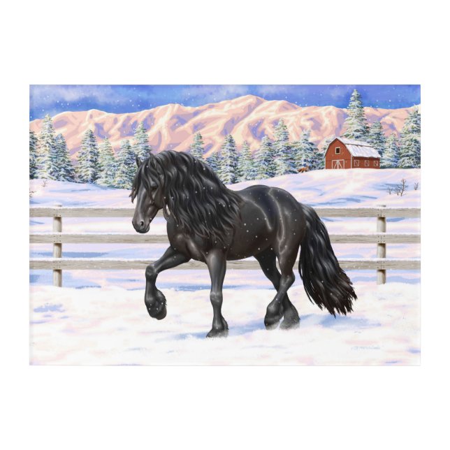 Black Friesian Draft Horse In Snow Acrylic Print (Front)