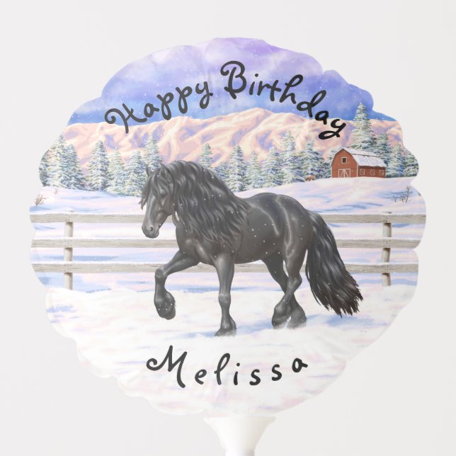 Black Friesian Draft Horse In Snow Balloon (Front)