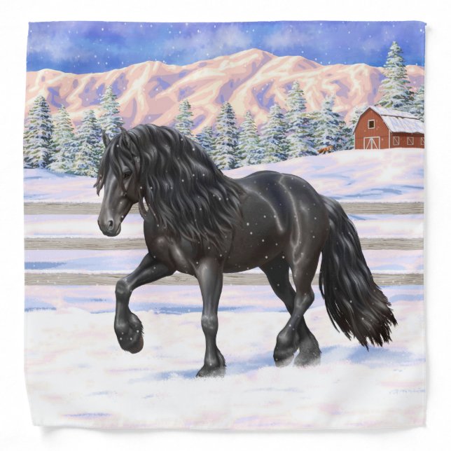 Black Friesian Draft Horse In Snow Bandana (Front)