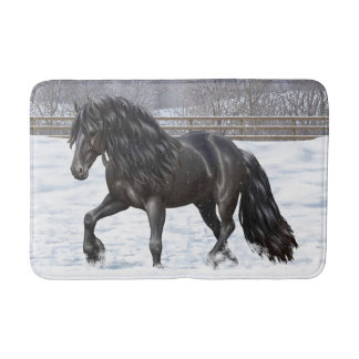 Black Friesian Draft Horse In Snow Bathroom Mat