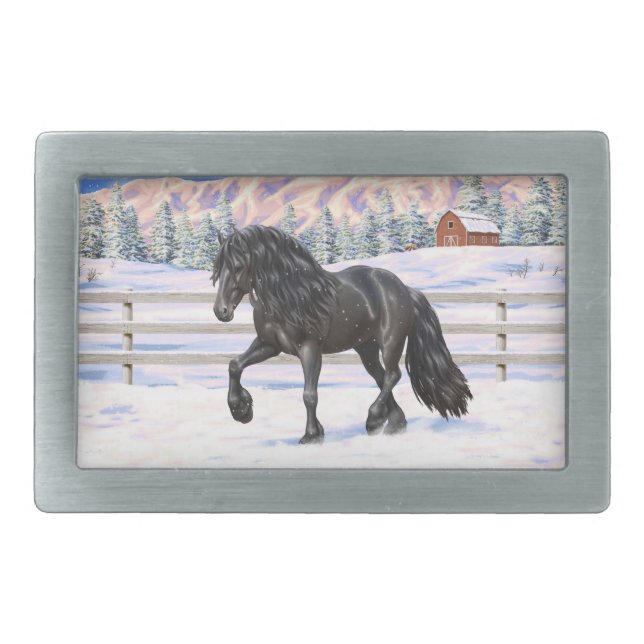 Black Friesian Draft Horse In Snow Belt Buckle (Front)