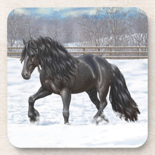 Black Friesian Draft Horse In Snow Beverage Coaster