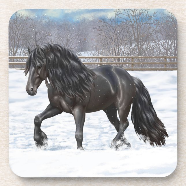 Black Friesian Draft Horse In Snow Beverage Coaster (Front)