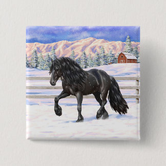 Black Friesian Draft Horse In Snow Button