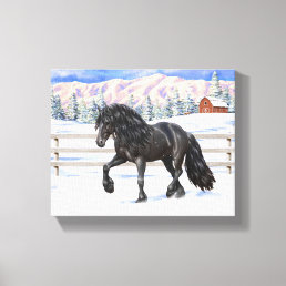 Black Friesian Draft Horse In Snow Canvas Print