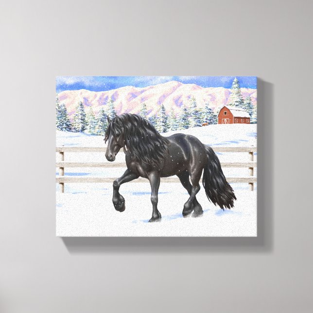 Black Friesian Draft Horse In Snow Canvas Print (Front)