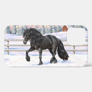 Black Friesian Draft Horse In Snow iPhone 12 Case
