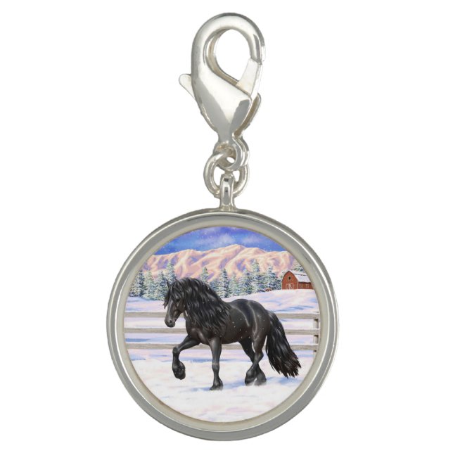 Black Friesian Draft Horse In Snow Charm (Front)