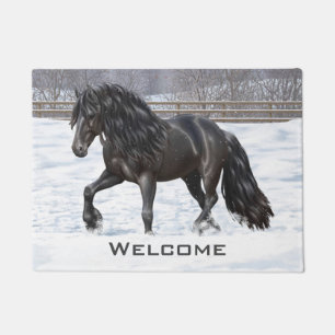 Black Friesian Draft Horse In Snow Doormat