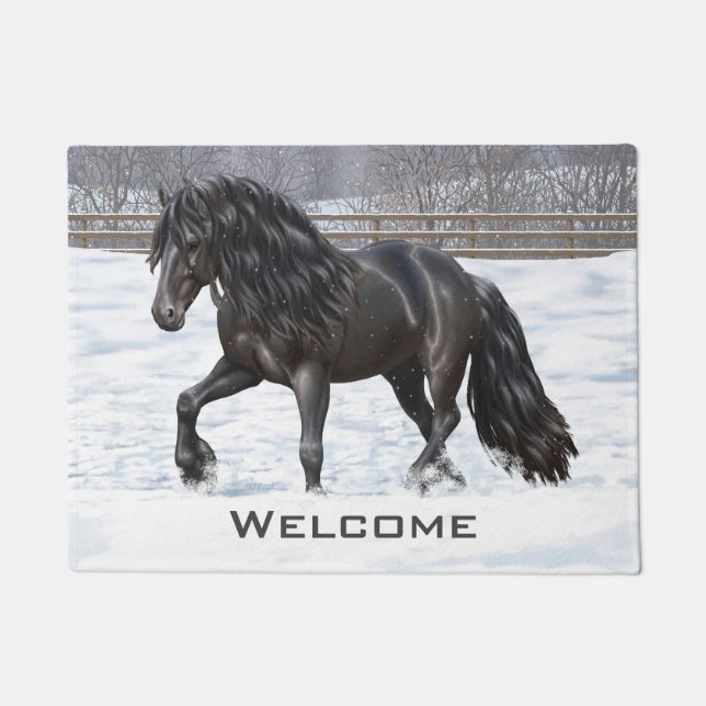 Black Friesian Draft Horse In Snow Doormat (Front)