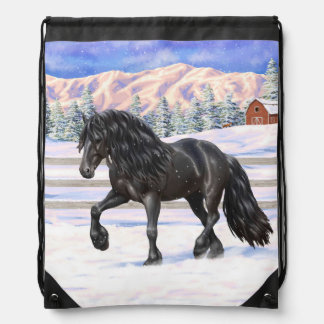 Black Friesian Draft Horse In Snow Drawstring Bag