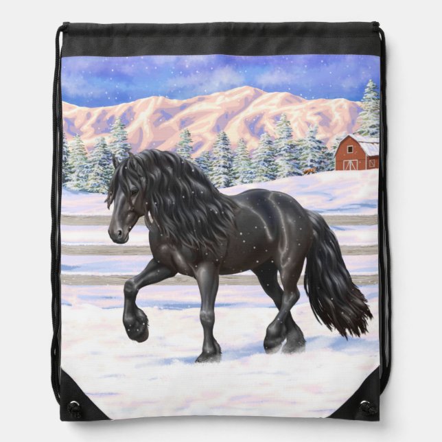 Black Friesian Draft Horse In Snow Drawstring Bag (Front)