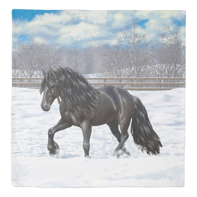 Black Friesian Draft Horse In Snow Duvet Cover (Front)