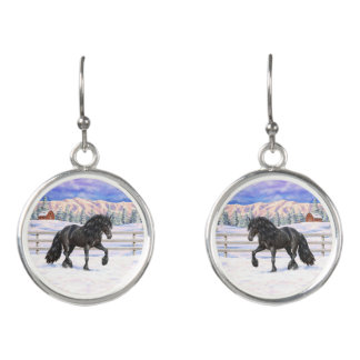 Black Friesian Draft Horse In Snow Earrings