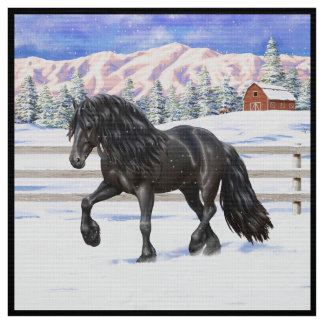 Black Friesian Draft Horse In Snow Fabric