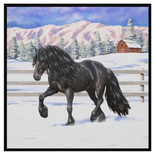 Black Friesian Draft Horse In Snow Fabric