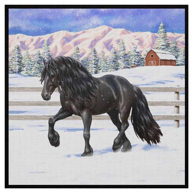 Black Friesian Draft Horse In Snow Fabric (Swatch)