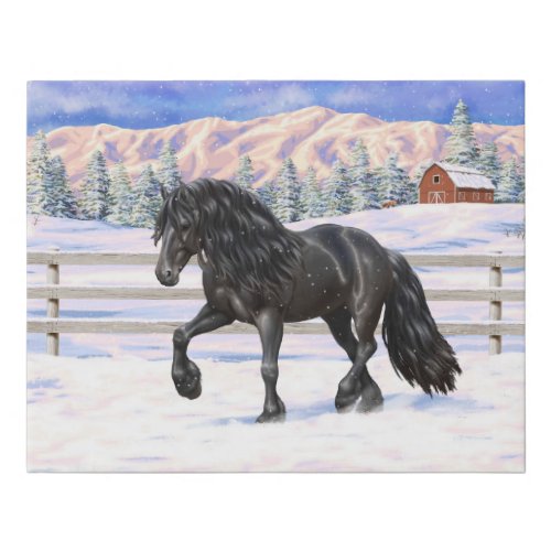 Black Friesian Draft Horse In Snow Faux Canvas Print