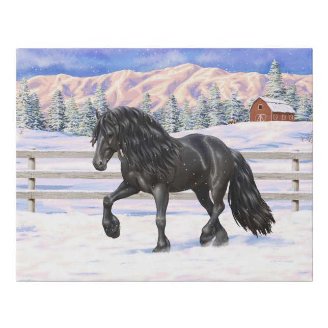 Black Friesian Draft Horse In Snow Faux Canvas Print (Front)