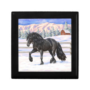 Black Friesian Draft Horse In Snow Gift Box