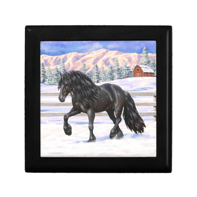 Black Friesian Draft Horse In Snow Gift Box (Front)