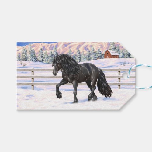 Black Friesian Draft Horse In Snow Gift Tags