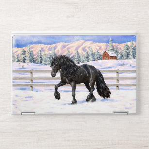 Black Friesian Draft Horse In Snow HP Laptop Skin