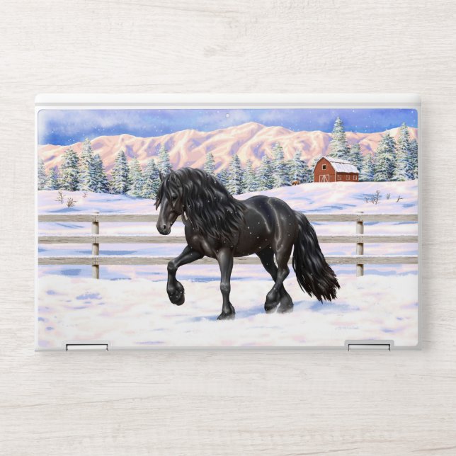 Black Friesian Draft Horse In Snow HP Laptop Skin (Front)