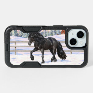 Black Friesian Draft Horse In Snow iPhone 15 Case