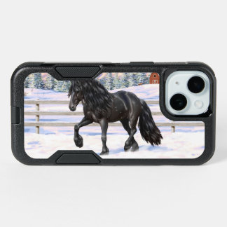 Black Friesian Draft Horse In Snow iPhone 15 Case