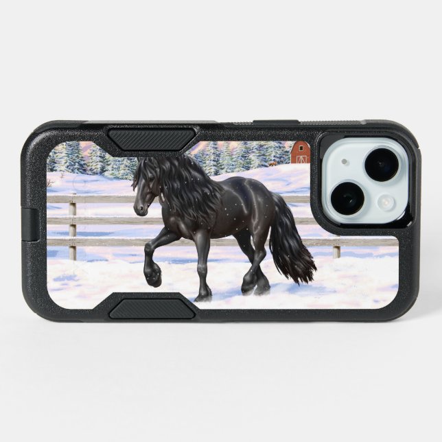 Black Friesian Draft Horse In Snow iPhone 15 Case (Back Horizontal)